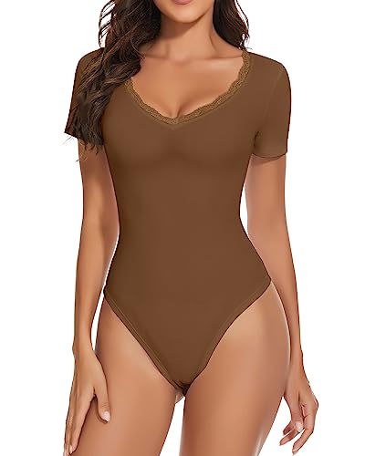 WOWENY Spitze Bodys für Damen Rot Body Damen Kurzarm Sommer Bodysuit Women mit v Ausschnitt Unterziehbody Tanz-Body Trachtenbody Spitzenbod 1-Braun XXL von WOWENY