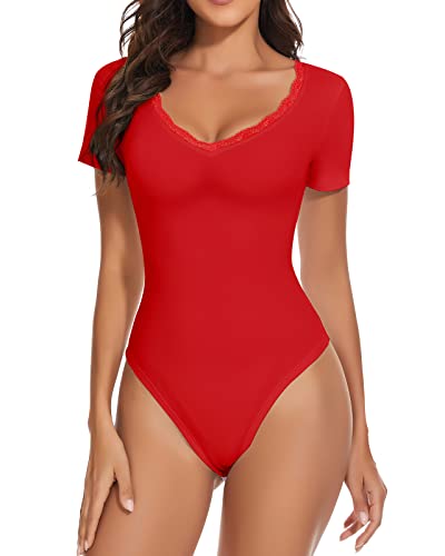 WOWENY Spitze Bodys für Damen Rot Body Damen Kurzarm Sommer Bodysuit Women mit v Ausschnitt Unterziehbody Tanz-Body Trachtenbody Spitzenbody L von WOWENY