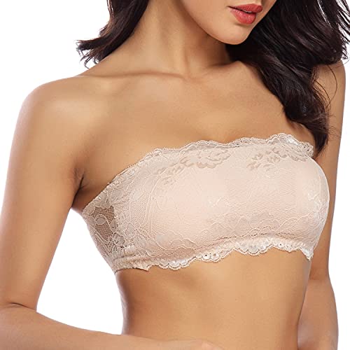 WOWENY Spitzen Bandeau BH ohne träger trägerloser BH Lace Tube Top abnehmbare Pads und Riemen Haken Comfort-BH mit verlängerung (A-Beige, M) von WOWENY