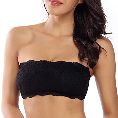 WOWENY Spitzen Bandeau BH ohne träger trägerloser BH Lace Tube Top abnehmbare Pads und Riemen Haken Comfort-BH mit verlängerung (A-Schwarz, S) von WOWENY