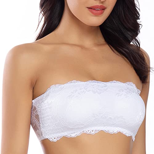 WOWENY Spitzen Bandeau BH ohne träger trägerloser BH Lace Tube Top abnehmbare Pads und Riemen Haken Comfort-BH mit verlängerung Weiß S von WOWENY