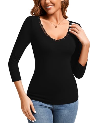 WOWENY Spitzen Oberteile Damen Elegant Shirt 3/4 Arm V Ausschnitt T-Shit Slim Fit Top mit Spitze Basic Spitzentop Dehnbar Bequem(Schwarz,S) von WOWENY