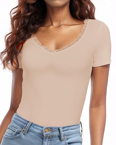 WOWENY Spitzen Oberteile Damen Kurzarm Sommer Elegant Spitzentop V Ausschnitt T-Shit Slim Fit Sexy Bluse,Khaki,M WOWENY Spitzen Oberteile Damen Kurzarm Sommer Elegant Spitzentop V Ausschnitt T-Shit Slim Fit Sexy Bluse,Khaki,M von WOWENY