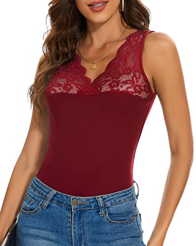 WOWENY Spitzen Oberteile Damen Tank Top Sexy Sommer V-Ausschnitt Blusentops Damen Elegant Shirts Weste Damen Ärmellose Rot L von WOWENY