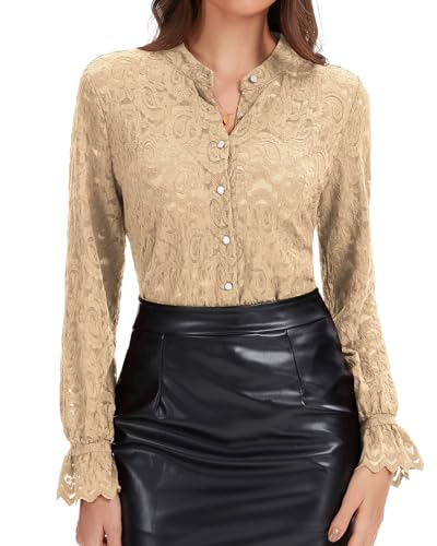 WOWENY Spitzenbluse Damen Langarm Elegant Blusen Stehkragen Hemdbluse Spitze Oberteil Lässig Blusenshirt Durchschauen Shirt(Khaki, XXL) von WOWENY