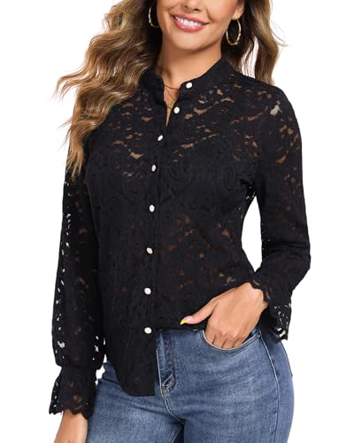 WOWENY Spitzenbluse Damen Langarm Elegant Blusen Stehkragen Hemdbluse Spitze Oberteil Lässig Blusenshirt Durchschauen Shirt(Schwarz, M) von WOWENY