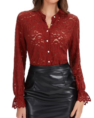 WOWENY Spitzenbluse Damen Langarm Elegant Blusen Stehkragen Hemdbluse Spitze Oberteil Lässig Blusenshirt Durchschauen Shirt(Weinrot, M) von WOWENY