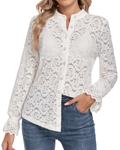WOWENY Spitzenbluse Damen Langarm Elegant Blusen Stehkragen Hemdbluse Spitze Oberteil Lässig Blusenshirt Durchschauen Shirt(Weiß, XXL) von WOWENY