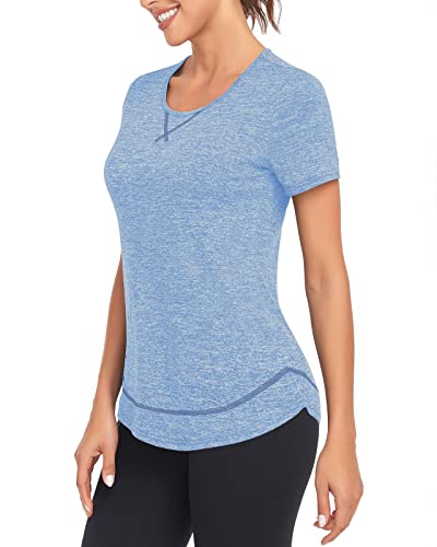 WOWENY Sport Shirts für Damen Kurzarm Yoga Shirt Damen locker Sportshirt Damen Funktionsshirt Tops Laufshirt Fitness Gym Oberteile,Blau,S von WOWENY