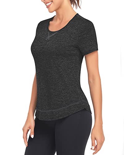 WOWENY Sport Shirts für Damen Kurzarm Yoga Shirt Damen locker Sportshirt Damen Funktionsshirt Tops Laufshirt Fitness Gym Oberteile,Schwarz,S von WOWENY