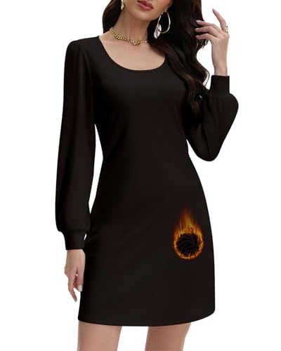 WOWENY Strickkleid Damen Elegant Langarm Warm Pulloverkleid Herbst Winter Puffärmel Kleid A-Linie Weich Lässig Kleider(Schwarz,M) von WOWENY