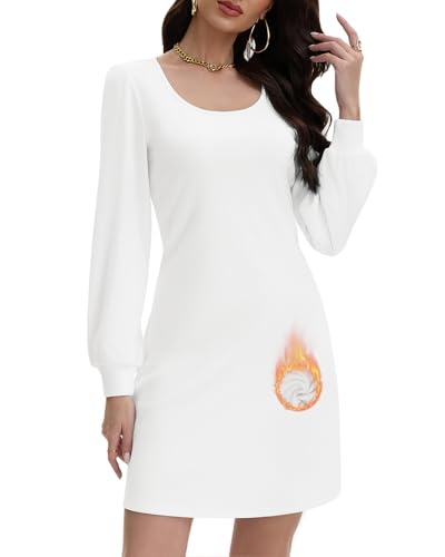 WOWENY Strickkleid Damen Elegant Langarm Warm Pulloverkleid Herbst Winter Puffärmel Kleid A-Linie Weich Lässig Kleider(Weiß,XL) von WOWENY