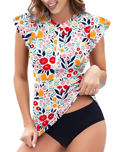 WOWENY Surf UV Shirt Damen Wasser Rüschenärmeln Schwimmshirt mit 1/4 Reißverschluss Bademode Rash Guard Badeshirt Tankini Oberteil Damen Einzeln B-Blattdruck XL von WOWENY