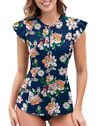 WOWENY Surf UV Shirt Damen Wasser Rüschenärmeln Schwimmshirt mit 1/4 Reißverschluss Bademode Rash Guard Badeshirt Tankini Oberteil Damen Einzeln B-Blaue Blume S von WOWENY