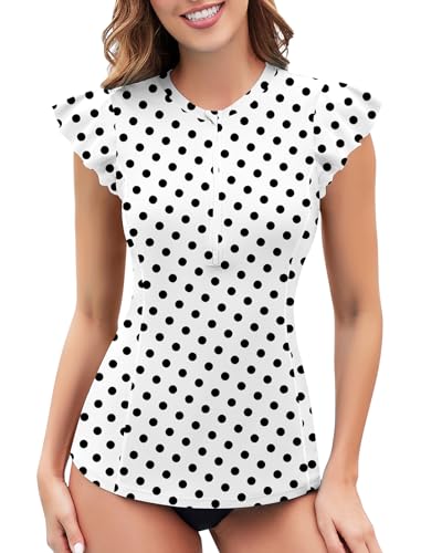 WOWENY Surf UV Shirt Damen Wasser Rüschenärmeln Schwimmshirt mit 1/4 Reißverschluss Bademode Rash Guard Badeshirt Tankini Oberteil Damen Einzeln B-Punktmuster L von WOWENY