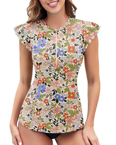 WOWENY Surf UV Shirt Damen Wasser Rüschenärmeln Schwimmshirt mit 1/4 Reißverschluss Bademode Rash Guard Badeshirt Tankini Oberteil Einzeln B-Bunte Blumen M von WOWENY