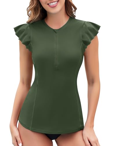 WOWENY Surf UV Shirt Damen Wasser Rüschenärmeln Schwimmshirt mit 1/4 Reißverschluss Bademode Rash Guard Badeshirt Tankini Oberteil Einzeln B-Grün S von WOWENY