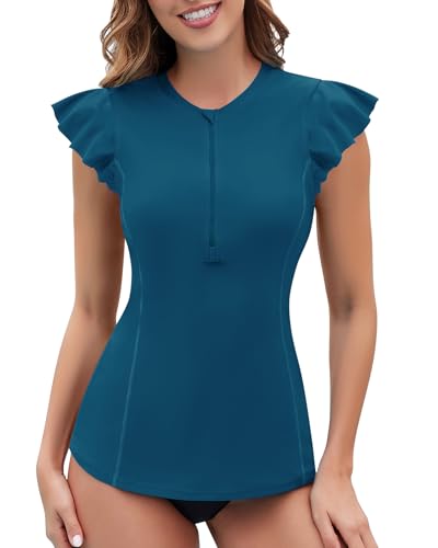 WOWENY Surf UV Shirt Damen Wasser Rüschenärmeln Schwimmshirt mit 1/4 Reißverschluss Bademode Rash Guard Badeshirt Tankini Oberteil Einzeln B-Pfauenblau XL von WOWENY