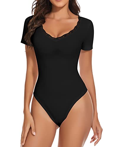 WOWENY T shirt Body Damen Elegant Spitze Kurzarm Bodysuit Women Tops mit v Ausschnitt Damenbody für damen Tanz-Body Stringbody Trachtenbody Spitzenbody Schwarz Damen L von WOWENY