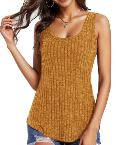WOWENY Tank Top Damen Sommer Locker T Shirt ärmellos Gestrickt Cami Oberteile Ärmellose Rundhals Gerippte Shirt Blusen Tops Sommershirt,Gelb,M von WOWENY