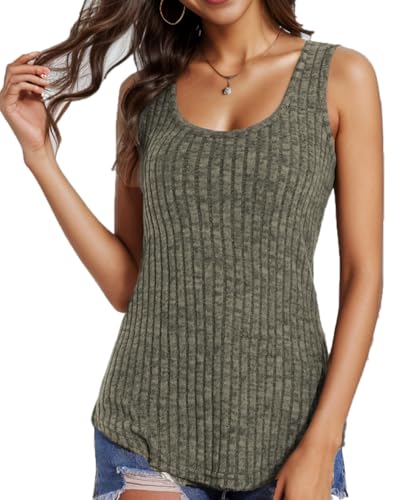 WOWENY Tank Top Damen Sommer Locker T Shirt ärmellos Gestrickt Cami Oberteile Ärmellose Rundhals Gerippte Shirt Blusen Tops Sommershirt,Grün,S von WOWENY