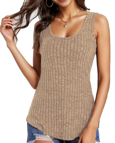 WOWENY Tank Top Damen Sommer Locker T Shirt ärmellos Gestrickt Cami Oberteile Ärmellose Rundhals Gerippte Shirt Blusen Tops Sommershirt,Khaki,L von WOWENY