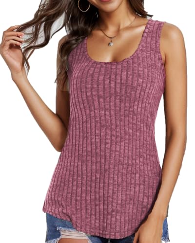 WOWENY Tank Top Damen Sommer Locker T Shirt ärmellos Gestrickt Cami Oberteile Ärmellose Rundhals Gerippte Shirt Blusen Tops Sommershirt,Rot,L von WOWENY