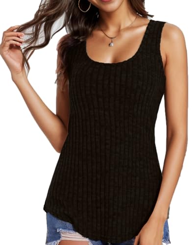 WOWENY Tank Top Damen Sommer Locker T Shirt ärmellos Gestrickt Cami Oberteile Ärmellose Rundhals Gerippte Shirt Blusen Tops Sommershirt,Schwarz,XL von WOWENY