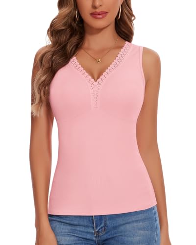 WOWENY Tank Top mit Spitze Damen Trägertop V-Ausschnitt Elegant Ärmellose Oberteile Sommer Tshirt Ribbed Sexy Cami[Rosa, von WOWENY