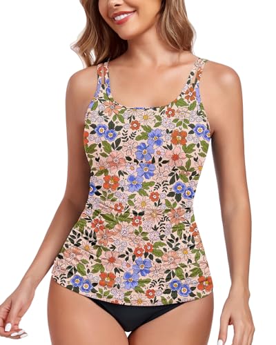 WOWENY Tankini Damen Bauchweg Badeanzug Oberteil Einzeln Bademode Elegant Swimsuit Gepolsterte Sommer Beachwear Sport Freizeit(Blumen,M) von WOWENY