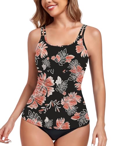 WOWENY Tankini Damen Bauchweg Badeanzug Oberteil Einzeln Bademode Elegant Swimsuit Gepolsterte Sommer Beachwear Sport Freizeit(Blumen Schwarz,M) von WOWENY