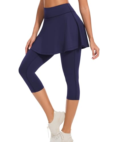 WOWENY Tennisrock mit Leggings, Hosenrock Damen Lang,Leggings mit Rock Damen Sportrock mit Hose Wanderrock Tennisbekleidung Lang-Dunkel Blau XXL von WOWENY