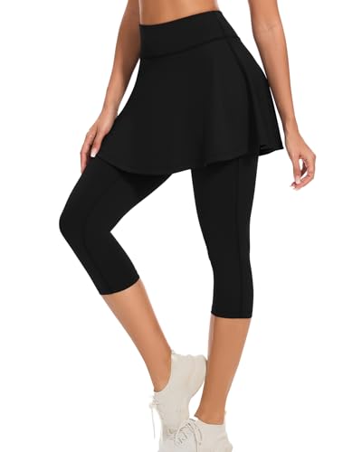 WOWENY Tennisrock mit Leggings, Hosenrock Damen Lang,Leggings mit Rock Damen Sportrock mit Hose Wanderrock Tennisbekleidung Lang-Schwarz S von WOWENY