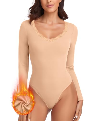 WOWENY Thermo Body Damen Langarm Elegant Langarmbody mit Spitze V-ausschnitt Fleece Bodysuit Warm Bequem Langarmshirt[Beige, XXL] von WOWENY