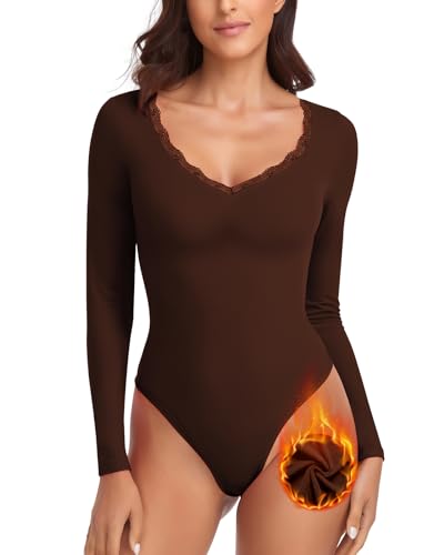 WOWENY Thermo Body Damen Langarm Elegant Langarmbody mit Spitze V-ausschnitt Fleece Bodysuit Warm Bequem Langarmshirt[Braun, von WOWENY