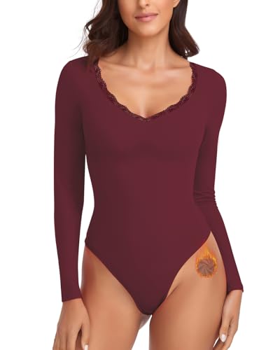 WOWENY Thermo Body Damen Langarm Elegant Langarmbody mit Spitze V-ausschnitt Fleece Bodysuit Warm Bequem Langarmshirt[Weinrot, von WOWENY