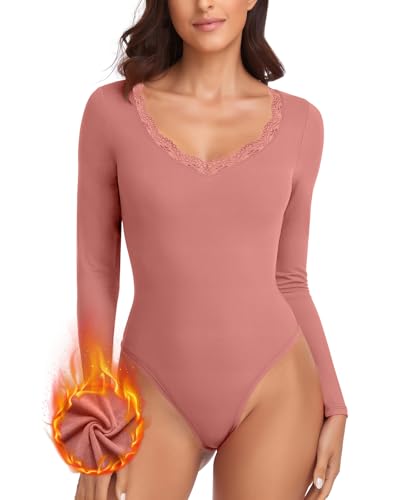 WOWENY Thermo Body Langarm Damen Elegant Spitze Micro Fleece Oberteil Spitzenbody Warm Langarmshirt Bodysuit Women mit V Ausschnitt Langarmbody Trachtenbody Rosa XXL von WOWENY