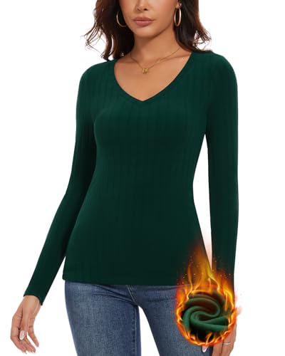 WOWENY Thermo Langarmshirt Damen Fleece Oberteil Gerippt V-Ausschnitt Fleeceshirt Langarm Unterhemd Warm Elegant Pullover Winter Weich Bequem(dunkelgrün,M) von WOWENY