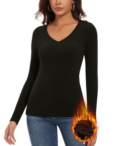 WOWENY Thermo Langarmshirt Damen Fleece Oberteil Gerippt V-Ausschnitt Fleeceshirt Langarm Unterhemd Warm Elegant Pullover Winter Weich Bequem(schwarz,L) von WOWENY