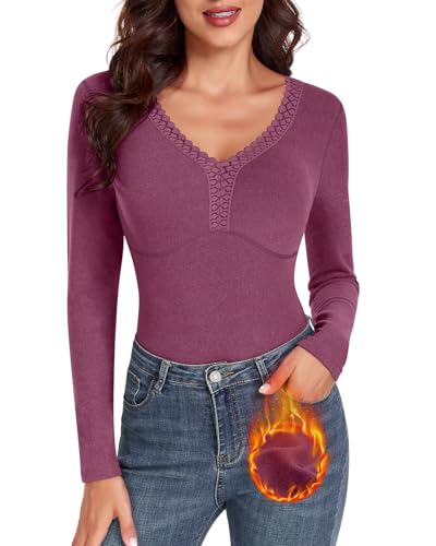 WOWENY Thermo Langarmshirt Damen Spitze V-Ausschnitt Fleece Shirt Langarm Spitzen Oberteile Elegant Extra Warm Tops Thermooberteile[Lila, von WOWENY