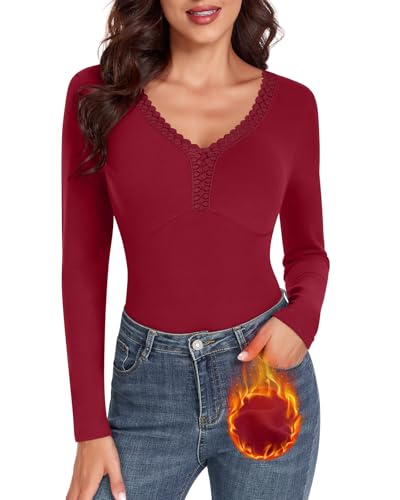 WOWENY Thermo Langarmshirt Damen Spitze V-Ausschnitt Fleece Shirt Langarm Spitzen Oberteile Elegant Extra Warm Tops Thermooberteile[Rot, XL] von WOWENY