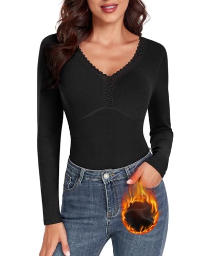 WOWENY Thermo Langarmshirt Damen Spitze V-Ausschnitt Fleece Shirt Langarm Spitzen Oberteile Elegant Extra Warm Tops Thermooberteile[Schwarz, von WOWENY