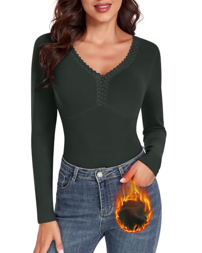 WOWENY Thermo Langarmshirt Damen Spitze V-Ausschnitt Fleece Shirt Langarm Spitzen Oberteile Elegant Extra Warm Tops Thermooberteile[Dunkelgrün, XL] von WOWENY