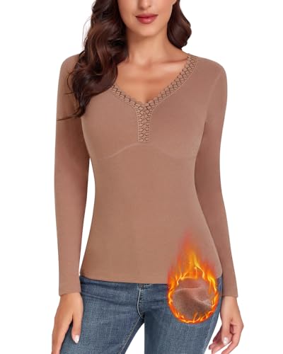 WOWENY Thermo Langarmshirt Damen Spitze V-Ausschnitt Fleece Shirt Langarm Spitzen Oberteile Elegant Extra Warm Tops Thermooberteile[Hellbraun, XL] von WOWENY