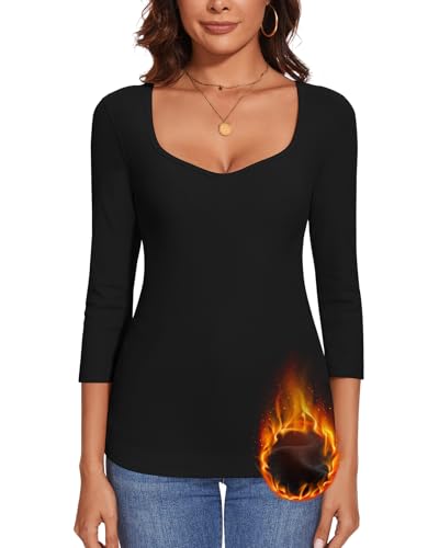 WOWENY Thermo Oberteil Damen Fleece Langarmshirt mit Sweetheart Ausschnitt Elegant Thermohemd 3/4 Arm Warm Bequem Tops Winter Schwarz, XXL von WOWENY