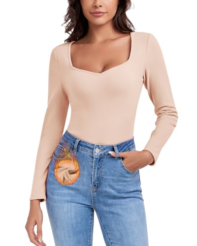 WOWENY Thermo Oberteil Damen Fleece Langarmshirt mit Sweetheart Ausschnitt Elegant Thermohemd Langarm Warm Bequem Tops Winter Beige, XS von WOWENY