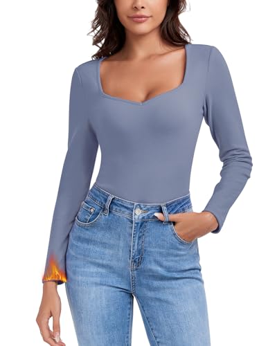 WOWENY Thermo Oberteil Damen Fleece Langarmshirt mit Sweetheart Ausschnitt Elegant Thermohemd Langarm Warm Bequem Tops Winter Dunkelblau, M von WOWENY