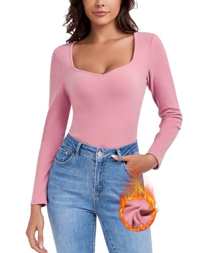 WOWENY Thermo Oberteil Damen Fleece Langarmshirt mit Sweetheart Ausschnitt Elegant Thermohemd Langarm Warm Bequem Tops Winter Rosa, XL von WOWENY