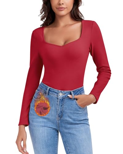 WOWENY Thermo Oberteil Damen Fleece Langarmshirt mit Sweetheart Ausschnitt Elegant Thermohemd Langarm Warm Bequem Tops Winter Rotwein, S von WOWENY