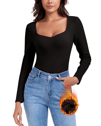 WOWENY Thermo Oberteil Damen Fleece Langarmshirt mit Sweetheart Ausschnitt Elegant Thermohemd Langarm Warm Bequem Tops Winter Schwarz, XXL von WOWENY